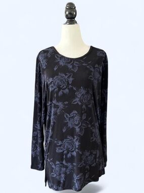 Vintage Black & Navy Floral Long-Sleeve Women's Top Goth Fairy Grunge